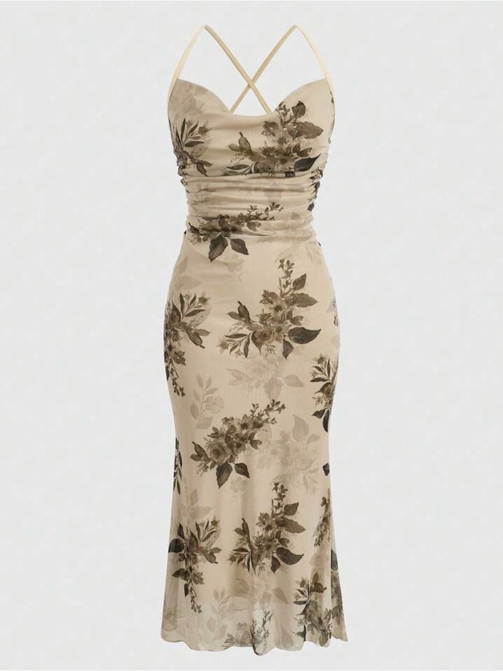 Beige Floral Ruched Spaghetti-Strap Midi Dress